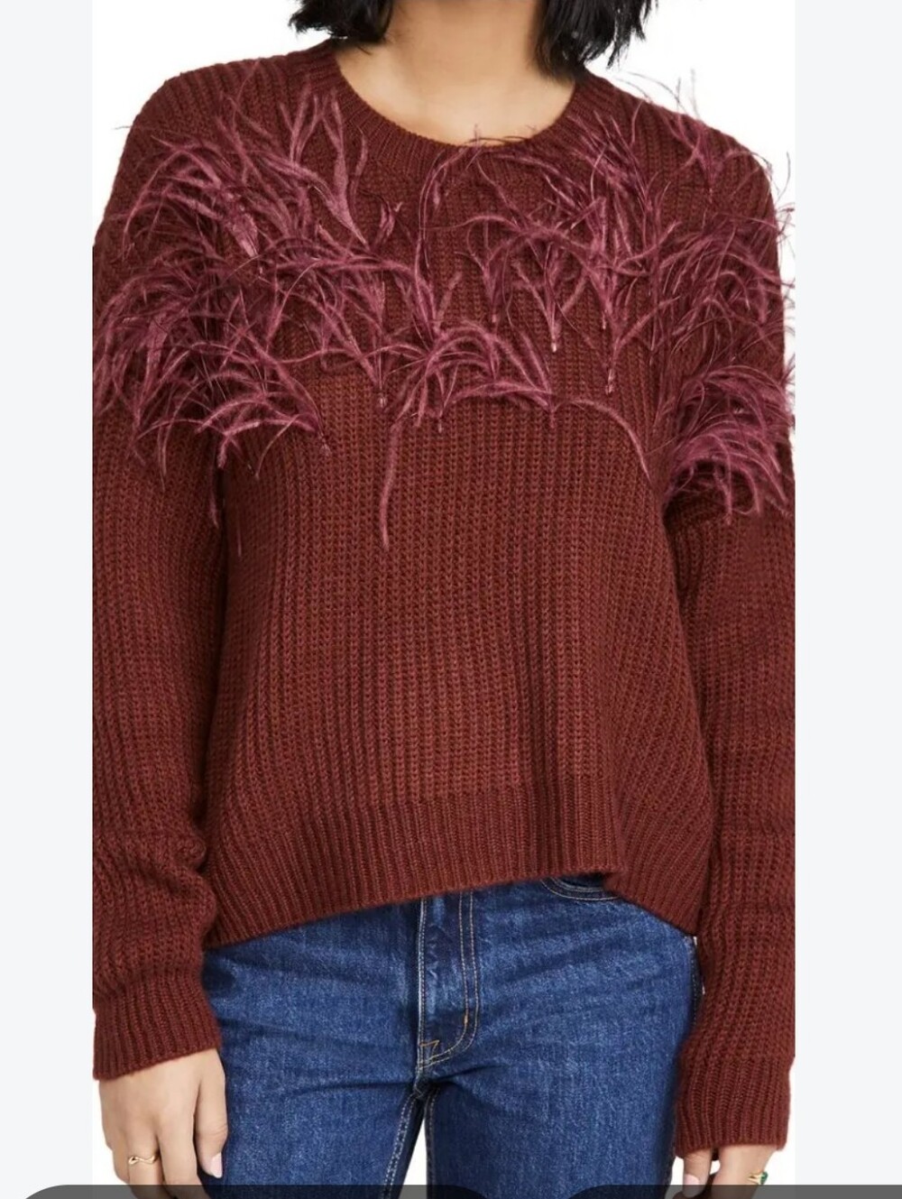 cinq a sept Melanie Bugundy Feather Trim Crewneck Sweater Size S Oversized